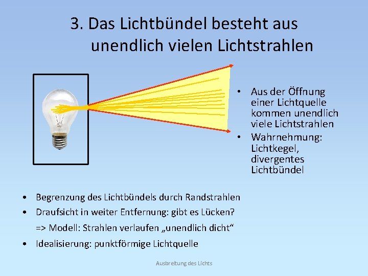 3. Das Lichtbündel besteht aus unendlich vielen Lichtstrahlen • Aus der Öffnung einer Lichtquelle