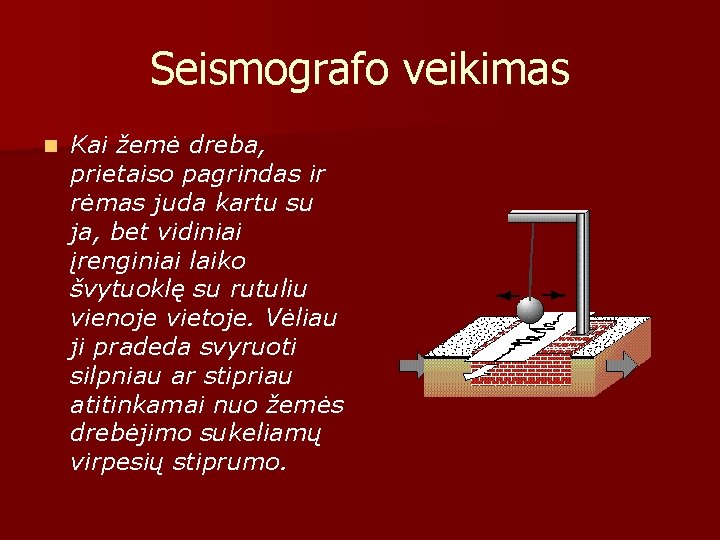 Seismografo veikimas n Kai žemė dreba, prietaiso pagrindas ir rėmas juda kartu su ja,