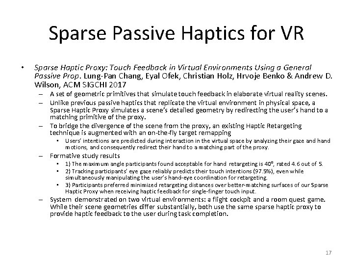Sparse Passive Haptics for VR • Sparse Haptic Proxy: Touch Feedback in Virtual Environments