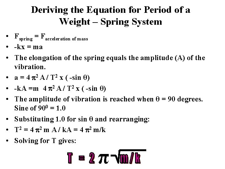Deriving the Equation for Period of a Weight – Spring System • Fspring =