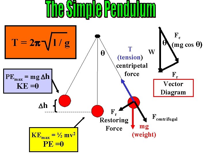 T = 2 l/g θ PEmax = mg h T W (tension) centripetal force