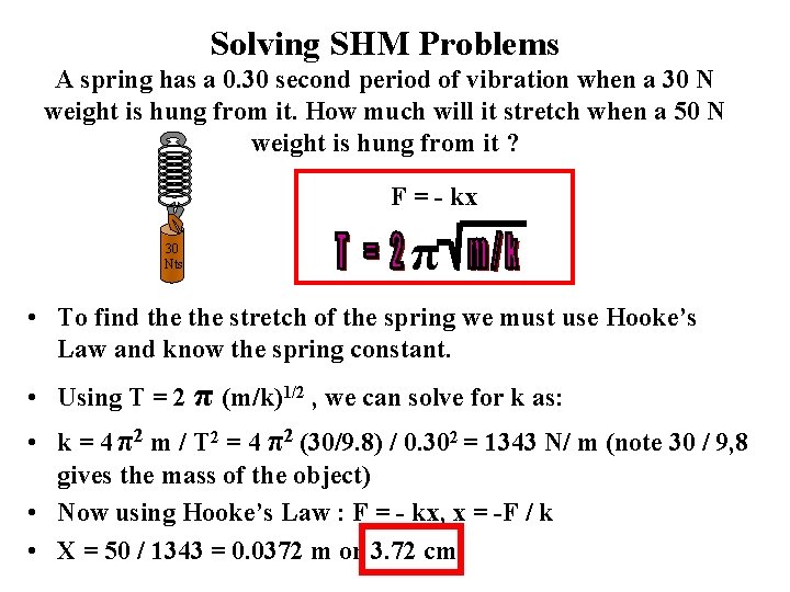 Solving SHM Problems A spring has a 0. 30 second period of vibration when