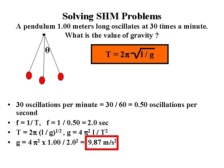 Solving SHM Problems A pendulum 1. 00 meters long oscillates at 30 times a
