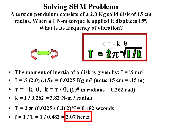 Solving SHM Problems A torsion pendulum consists of a 2. 0 Kg solid disk