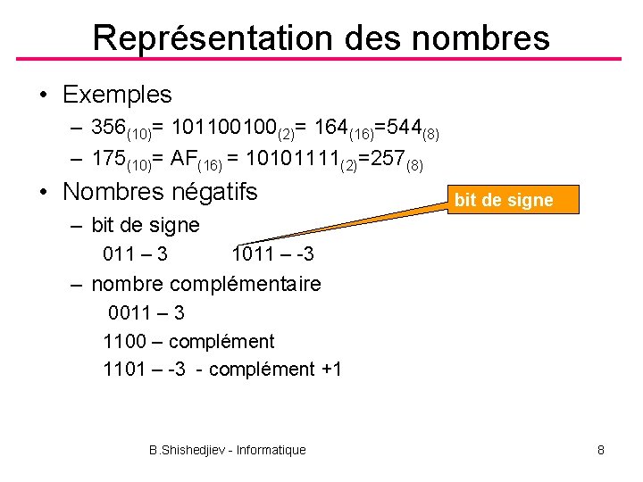 Représentation des nombres • Exemples – 356(10)= 101100100(2)= 164(16)=544(8) – 175(10)= AF(16) = 10101111(2)=257(8)