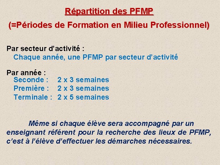 Répartition des PFMP (=Périodes de Formation en Milieu Professionnel) Par secteur d’activité : Chaque
