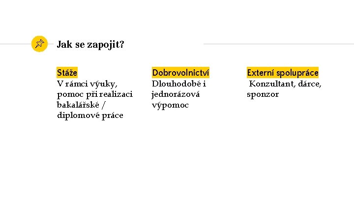 Jak se zapojit? Stáže V rámci výuky, pomoc při realizaci bakalářské / diplomové práce