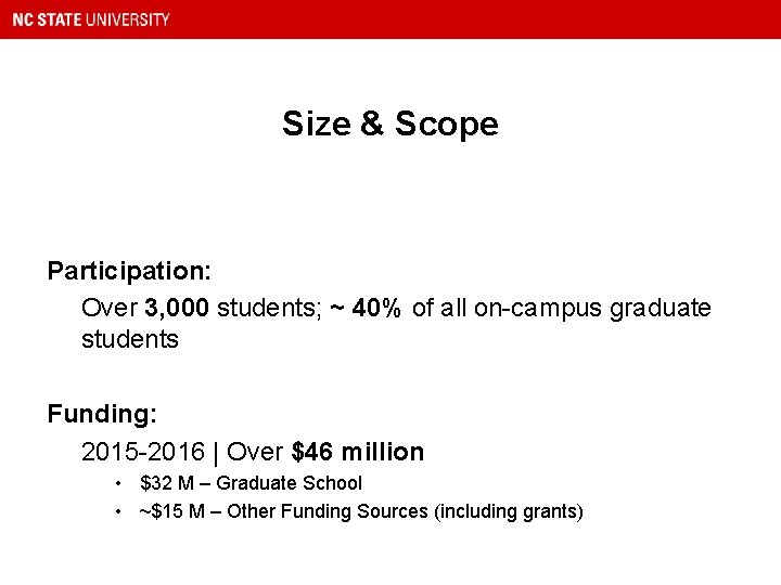 Size & Scope Participation: Over 3, 000 students; ~ 40% of all on-campus graduate