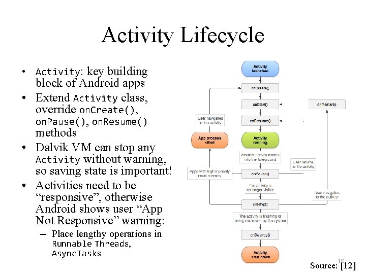 Activity Lifecycle • Activity: key building block of Android apps • Extend Activity class,