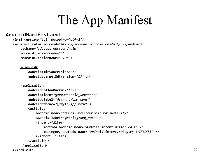 The App Manifest Android. Manifest. xml <? xml version="1. 0" encoding="utf-8"? > <manifest xmlns: