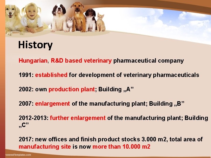 History Hungarian, R&D based veterinary pharmaceutical company 1991: established for development of veterinary pharmaceuticals