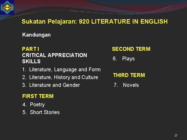 Sukatan Pelajaran: 920 LITERATURE IN ENGLISH Kandungan PART I CRITICAL APPRECIATION SKILLS 1. Literature,
