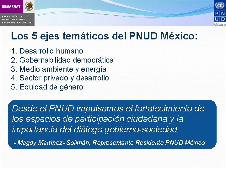 Los 5 ejes temáticos del PNUD México: 1. Desarrollo humano 2. Gobernabilidad democrática 3.