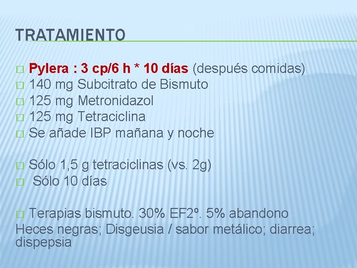 TRATAMIENTO Pylera : 3 cp/6 h * 10 días (después comidas) � 140 mg