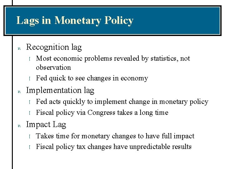 Lags in Monetary Policy n Recognition lag l l n Implementation lag l l