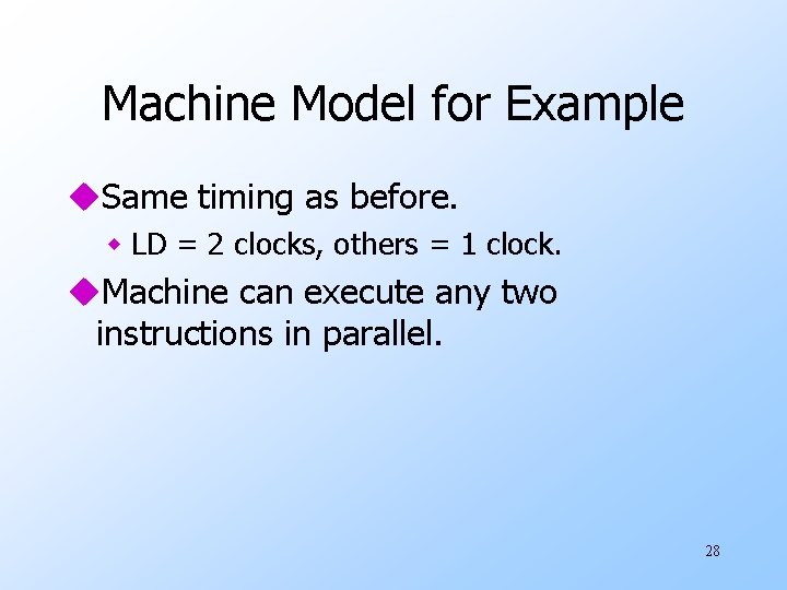 Machine Model for Example u. Same timing as before. w LD = 2 clocks,