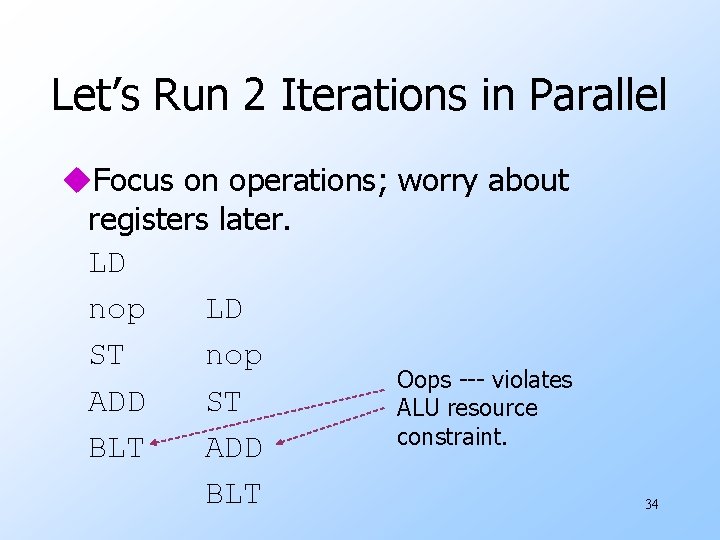 Let’s Run 2 Iterations in Parallel u. Focus on operations; worry about registers later.