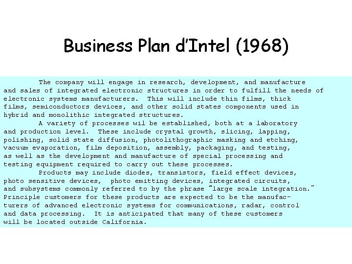 Business Plan d’Intel (1968) The company will engage in research, development, and manufacture and