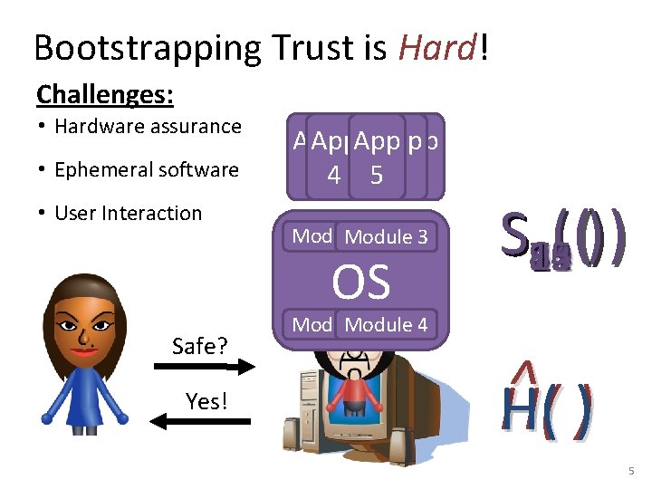 Bootstrapping Trust is Hard! Challenges: • Hardware assurance • Ephemeral software • User Interaction
