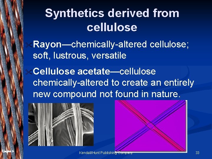 Synthetics derived from cellulose " Rayon—chemically-altered cellulose; soft, lustrous, versatile " Cellulose acetate—cellulose chemically-altered Synthetics derived from cellulose " Rayon—chemically-altered cellulose; soft, lustrous, versatile " Cellulose acetate—cellulose chemically-altered