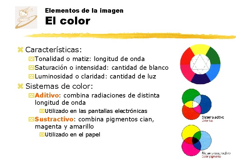 Elementos de la imagen El color z Características: y Tonalidad o matiz: longitud de