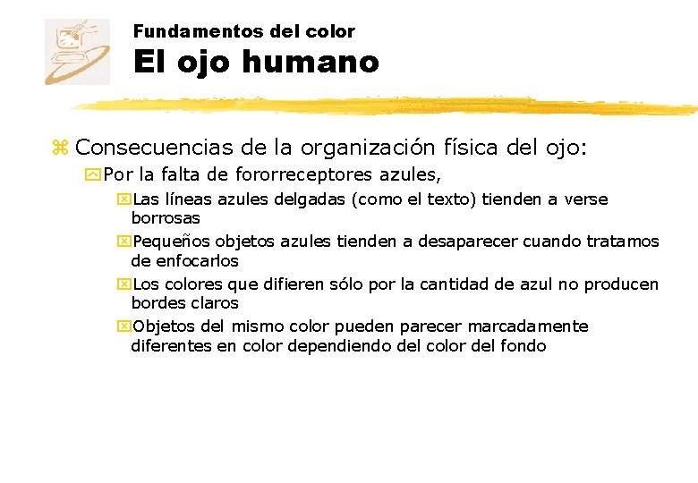 Fundamentos del color El ojo humano z Consecuencias de la organización física del ojo: