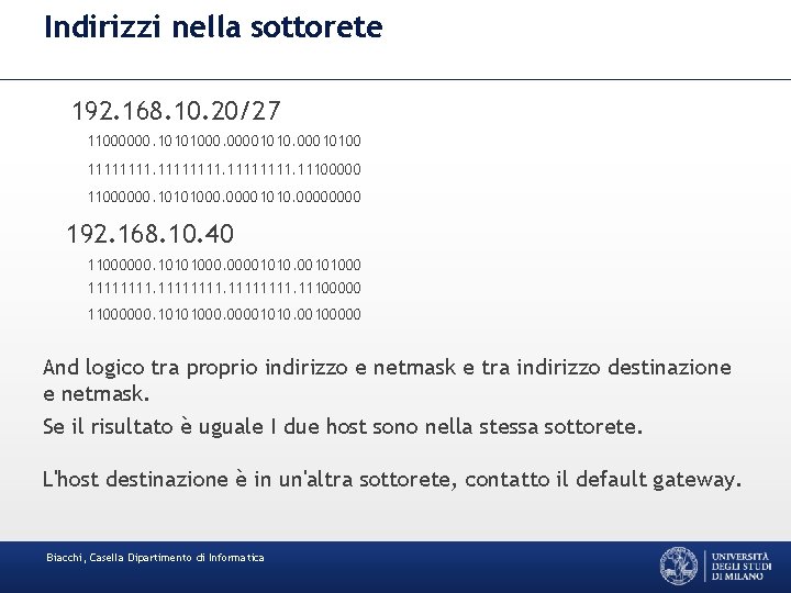 Indirizzi nella sottorete 192. 168. 10. 20/27 11000000. 10101000. 000010100 11111111. 111000000. 10101000. 00001010.