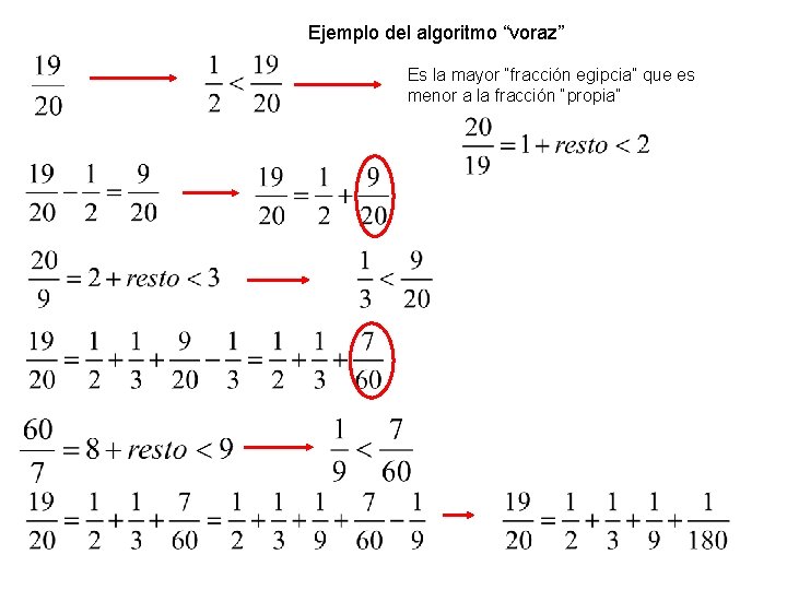 Ejemplo del algoritmo “voraz” Es la mayor “fracción egipcia” que es menor a la