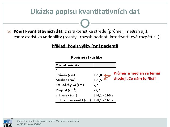 Ukázka popisu kvantitativních dat Popis kvantitativních dat: charakteristika středu (průměr, medián aj. ), charakteristika