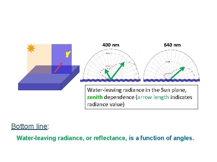 400 nm 640 nm Water-leaving radiance in the Sun plane, zenith dependence (arrow length