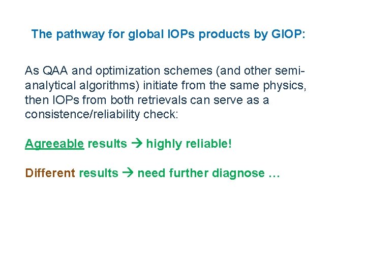 The pathway for global IOPs products by GIOP: As QAA and optimization schemes (and