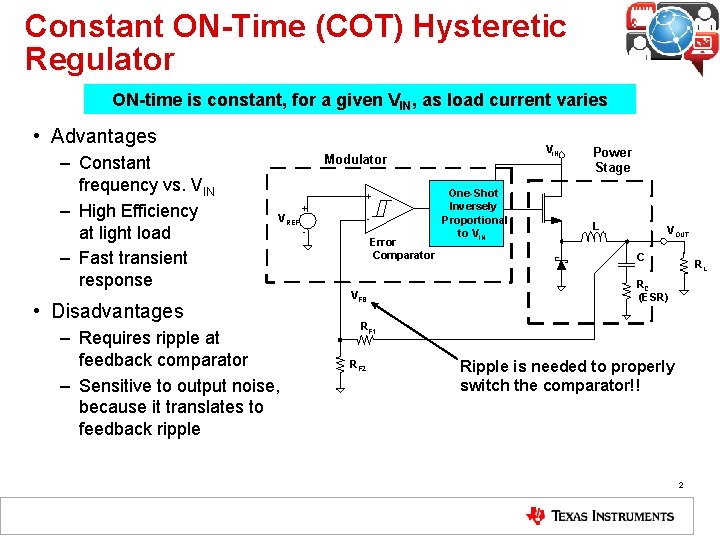Constant ON-Time (COT) Hysteretic Regulator ON-time is constant, for a given VIN, as load