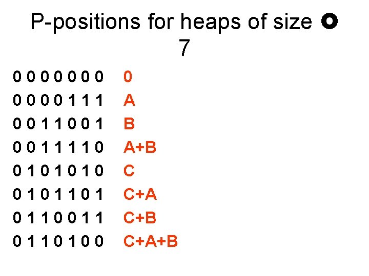 P-positions for heaps of size 7 0000000111 0011001 0011110 0101010 0101101 0110011 0110100 0