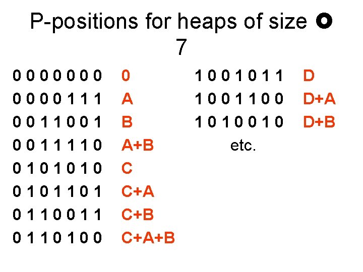 P-positions for heaps of size 7 0000000111 0011001 0011110 0101010 0101101 0110011 0110100 0