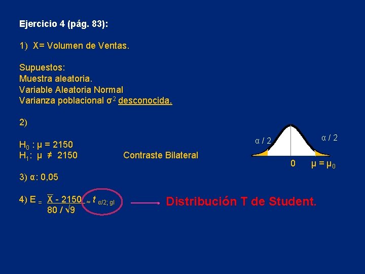 Ejercicio 4 (pág. 83): 1) X= Volumen de Ventas. Supuestos: Muestra aleatoria. Variable Aleatoria