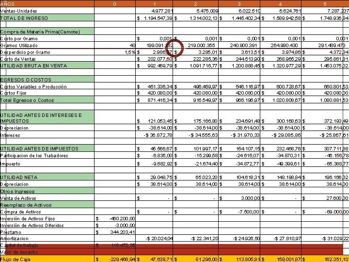 AÑOS Ventas-Unidades TOTAL DE INGRESO Compra de Materia Prima(Camote) Costo por Gramos Utilizado Desperdicio