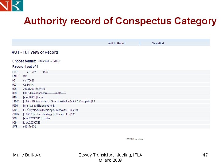 Authority record of Conspectus Category Marie Balikova Dewey Translators Meeting, IFLA Milano 2009 47 Authority record of Conspectus Category Marie Balikova Dewey Translators Meeting, IFLA Milano 2009 47
