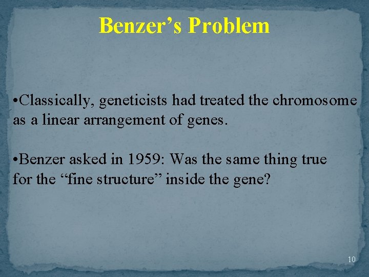 Benzer’s Problem • Classically, geneticists had treated the chromosome as a linear arrangement of