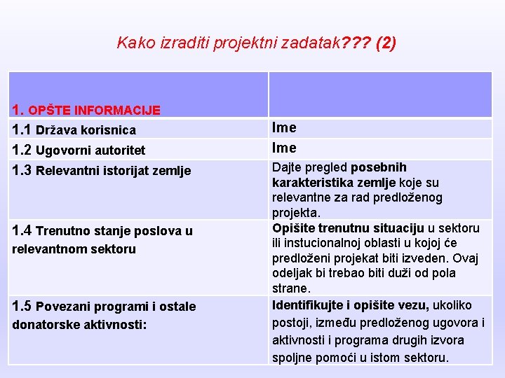 Kako izraditi projektni zadatak? ? ? (2) 1. OPŠTE INFORMACIJE 1. 1 Država korisnica