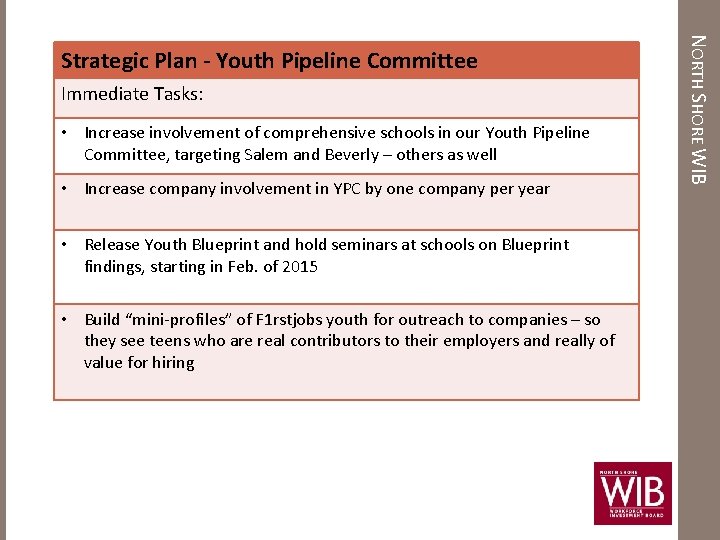  Immediate Tasks: • Increase involvement of comprehensive schools in our Youth Pipeline Committee,