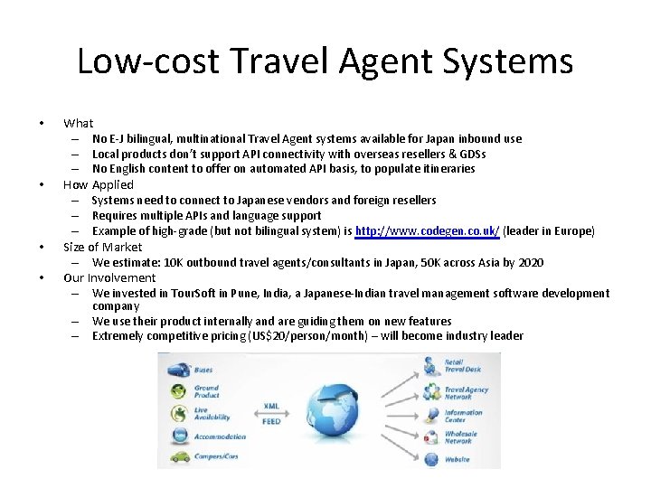 Low-cost Travel Agent Systems • • What – No E-J bilingual, multinational Travel Agent