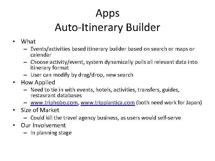 Apps Auto-Itinerary Builder • What – Events/activities based itinerary builder based on search or
