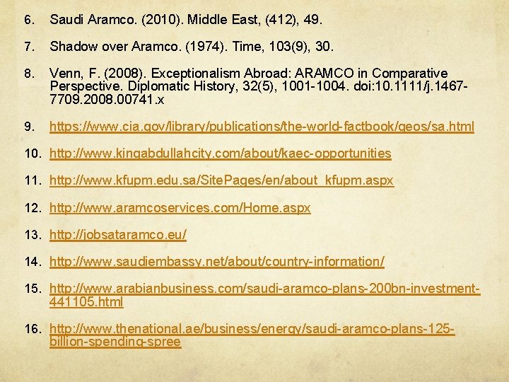 6. Saudi Aramco. (2010). Middle East, (412), 49. 7. Shadow over Aramco. (1974). Time,
