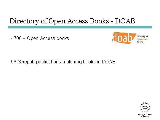 Directory of Open Access Books - DOAB 4700 + Open Access books 96 Swepub