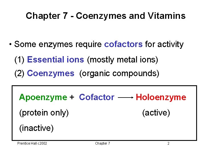 Chapter 7 - Coenzymes and Vitamins • Some enzymes require cofactors for activity (1)