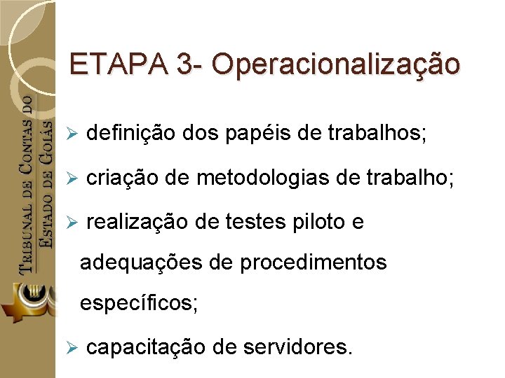 ETAPA 3 - Operacionalização Ø definição dos papéis de trabalhos; Ø criação de metodologias