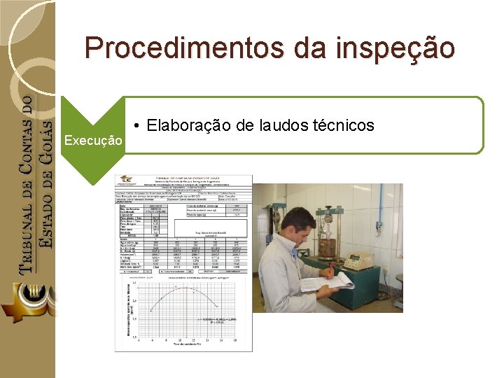 Procedimentos da inspeção Execução • Elaboração de laudos técnicos 