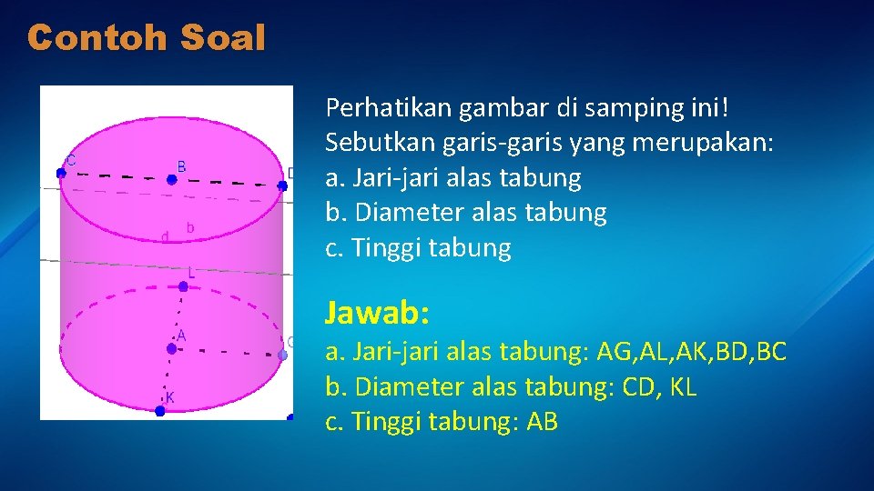 Contoh Soal Perhatikan gambar di samping ini! Sebutkan garis-garis yang merupakan: a. Jari-jari alas