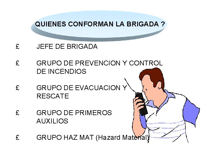 QUIENES CONFORMAN LA BRIGADA ? £ JEFE DE BRIGADA £ GRUPO DE PREVENCION Y