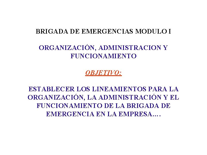 BRIGADA DE EMERGENCIAS MODULO I ORGANIZACIÓN, ADMINISTRACION Y FUNCIONAMIENTO OBJETIVO: ESTABLECER LOS LINEAMIENTOS PARA